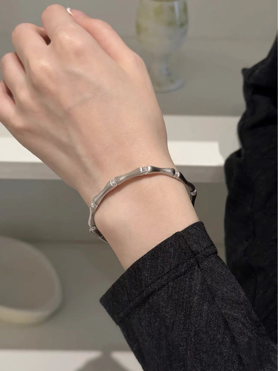 Nara | Hand-Brushed Bamboo Joint Pave Bangle