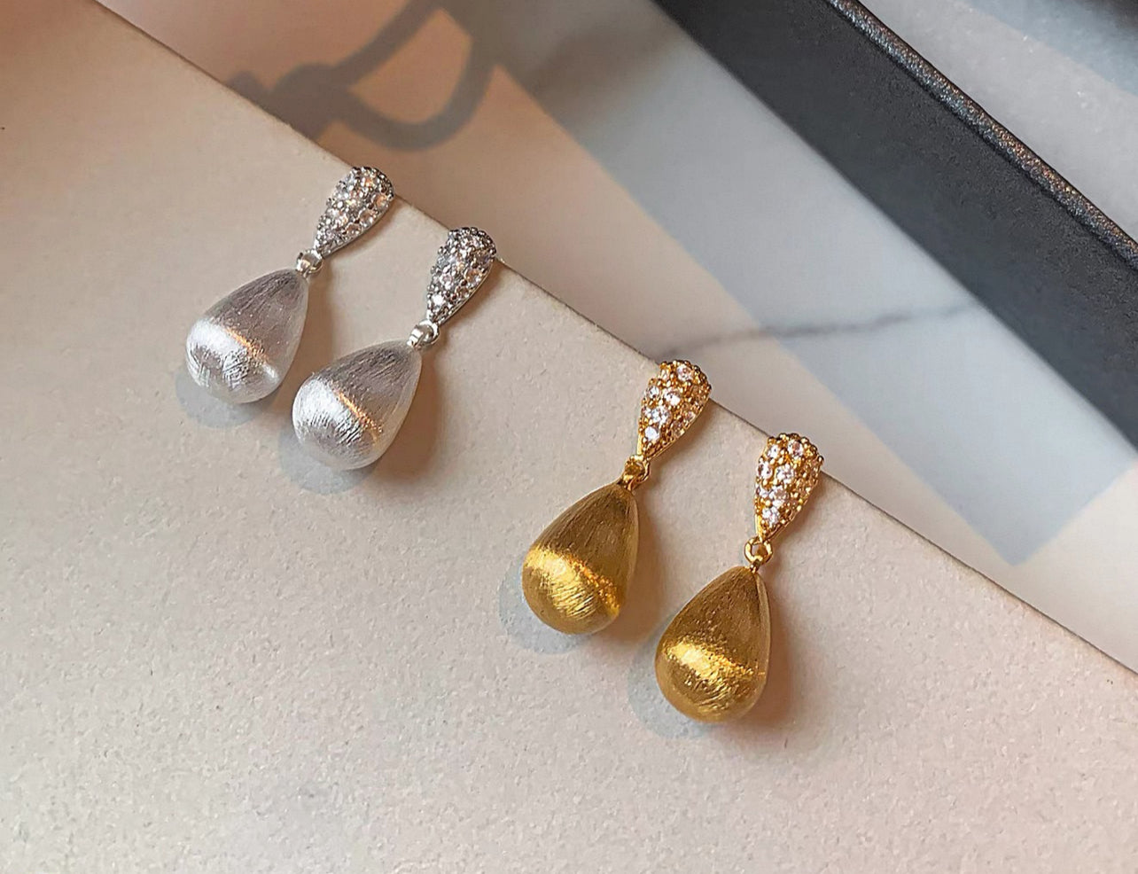 Lumina | Brushed Teardrop Pave Drop Earrings